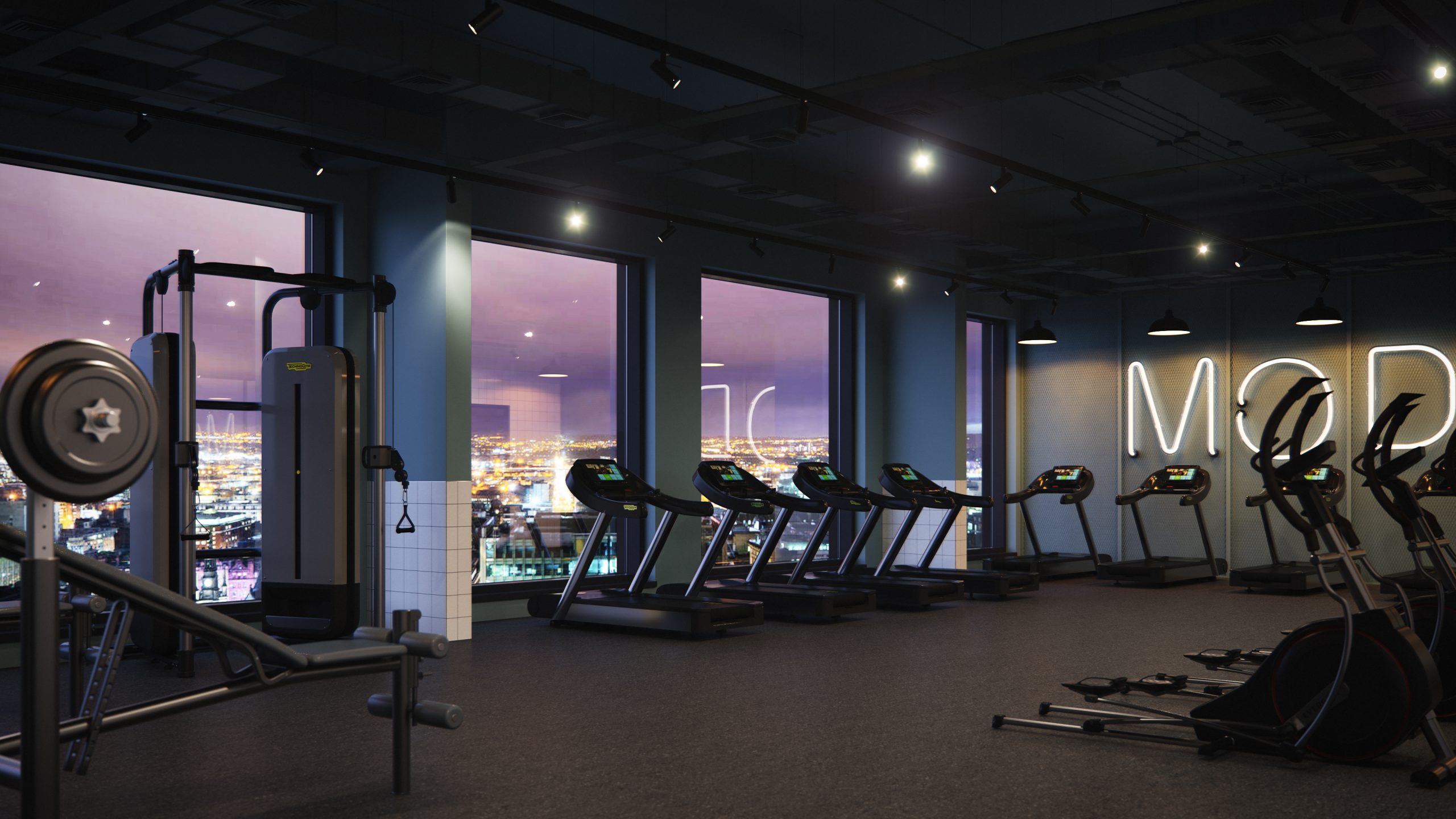 Modern gym interior at Moda, featuring exercise equipment, treadmills with city views, and neon signage.