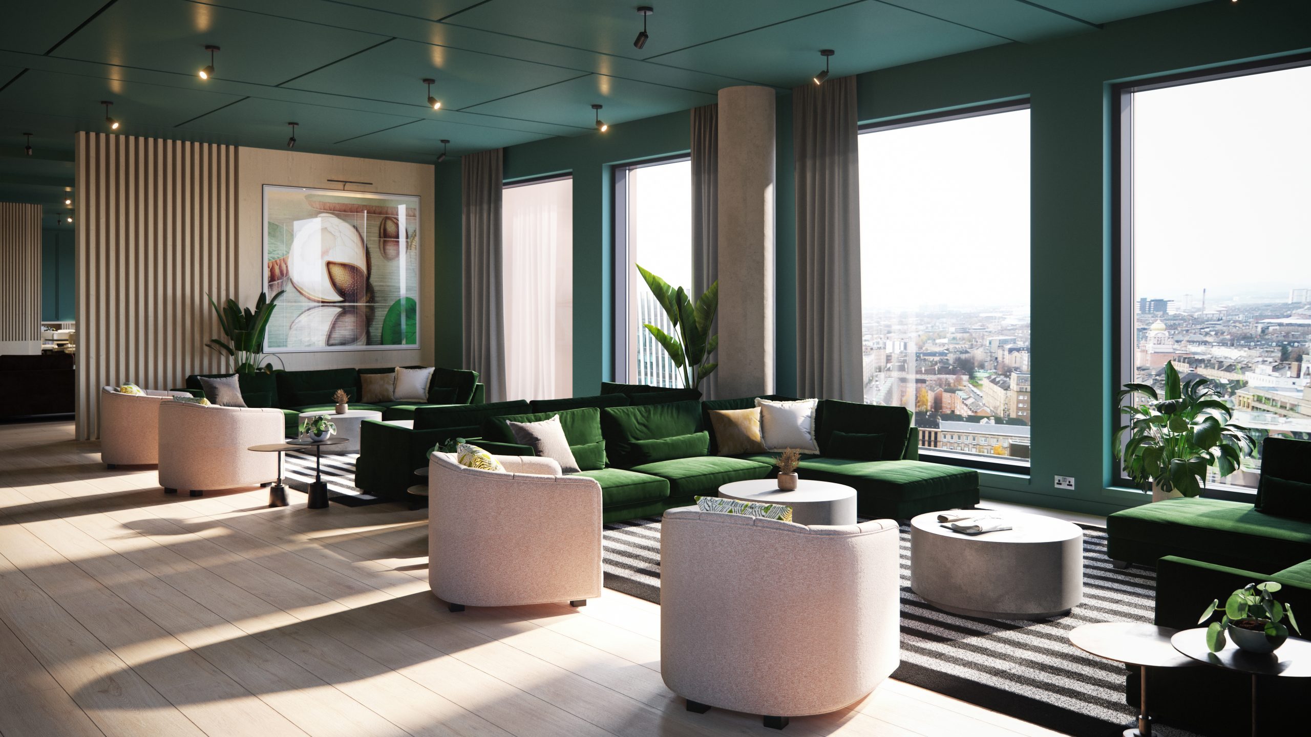 Modern communal lounge area in studio apartment at Moda, Holland Park, featuring green sofas, stylish armchairs, large windows with city views, and contemporary decor, emphasizing a pet-friendly and amenity-rich living experience in Glasgow's cultural quarter.