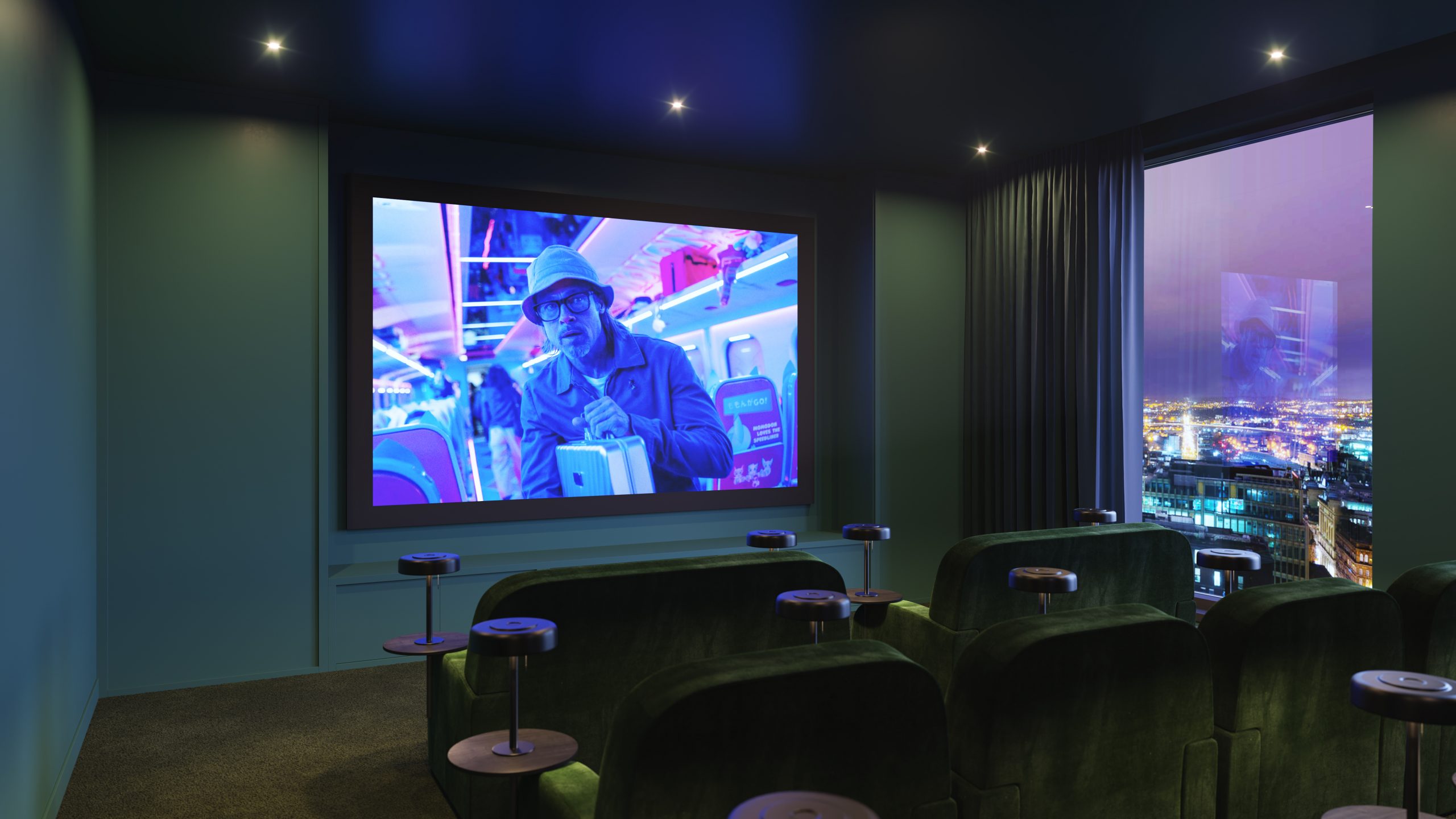Cinema room with plush green seating and a large screen displaying a vibrant scene from a film, showcasing modern amenities in a studio apartment at 50 Holland Street, G2 4BD, available for rent.