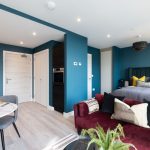 Modern studio apartment interior at 50 Holland Street, featuring stylish decor, a kitchenette, and a cozy living area, emphasizing pet-friendly living and contemporary amenities in Glasgow's cultural quarter.