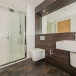 Modern bathroom featuring a walk-in shower, sleek vanity unit, and contemporary fixtures in a one-bedroom flat for rent at Brandfield Street, Edinburgh.